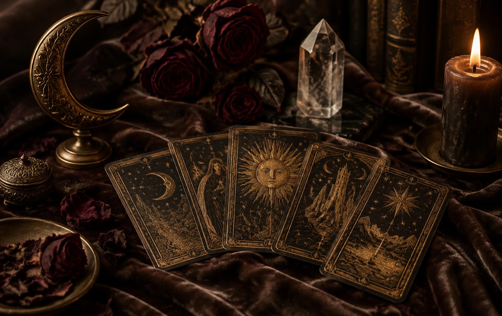Cartas de Tarot douradas sobre veludo, lua crescente, cristal e vela acesa